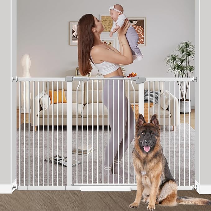40.55" Extra Tall Baby Gate for Stairs-60.3"-65.7" Wide 1.37" Ultra Narrow Spacing Extra Wide Pet Cat Gate Dog Gate-Auto-Close Pressure Mounted Dog Door for Pets and Kids,White