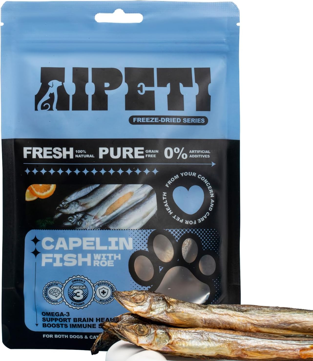 Freeze Dried Capelin Fish Treats for Cats & Dogs, Single Ingredient, Rich in Omega 3 & 6 for Healthy Skin & Coat, Grain Free, 100% Whole Fish, Premium Quality High Protein Training Snacks