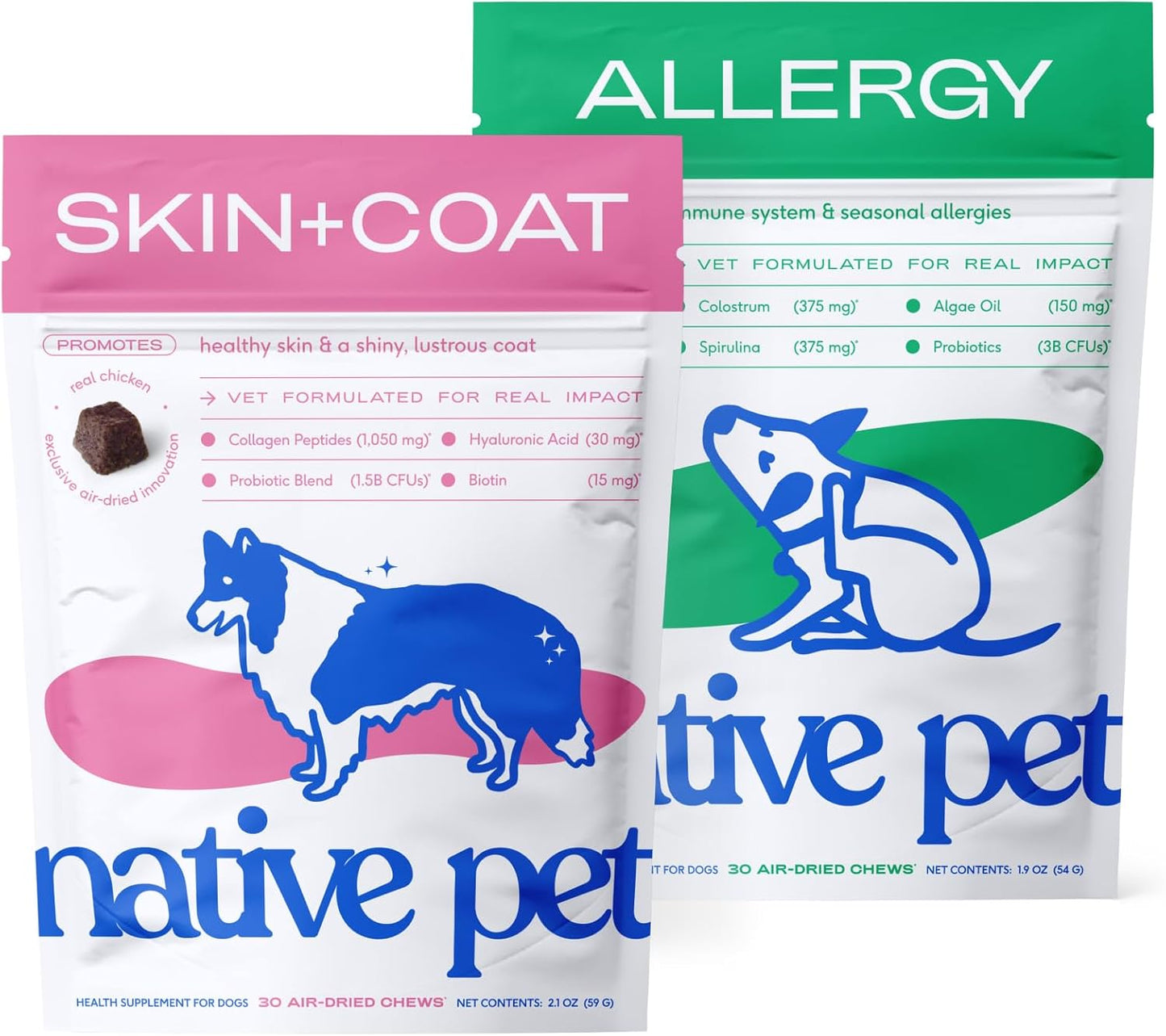 Native Pet Omega Skin and Coat Chews for Dogs (30 Air-Dried Chews) & Allergy Chews (30 Air-Dried Chews) - Promotes Healthy Skin & Shiny Coat - Soothing Itchy Skin & Digestive Support