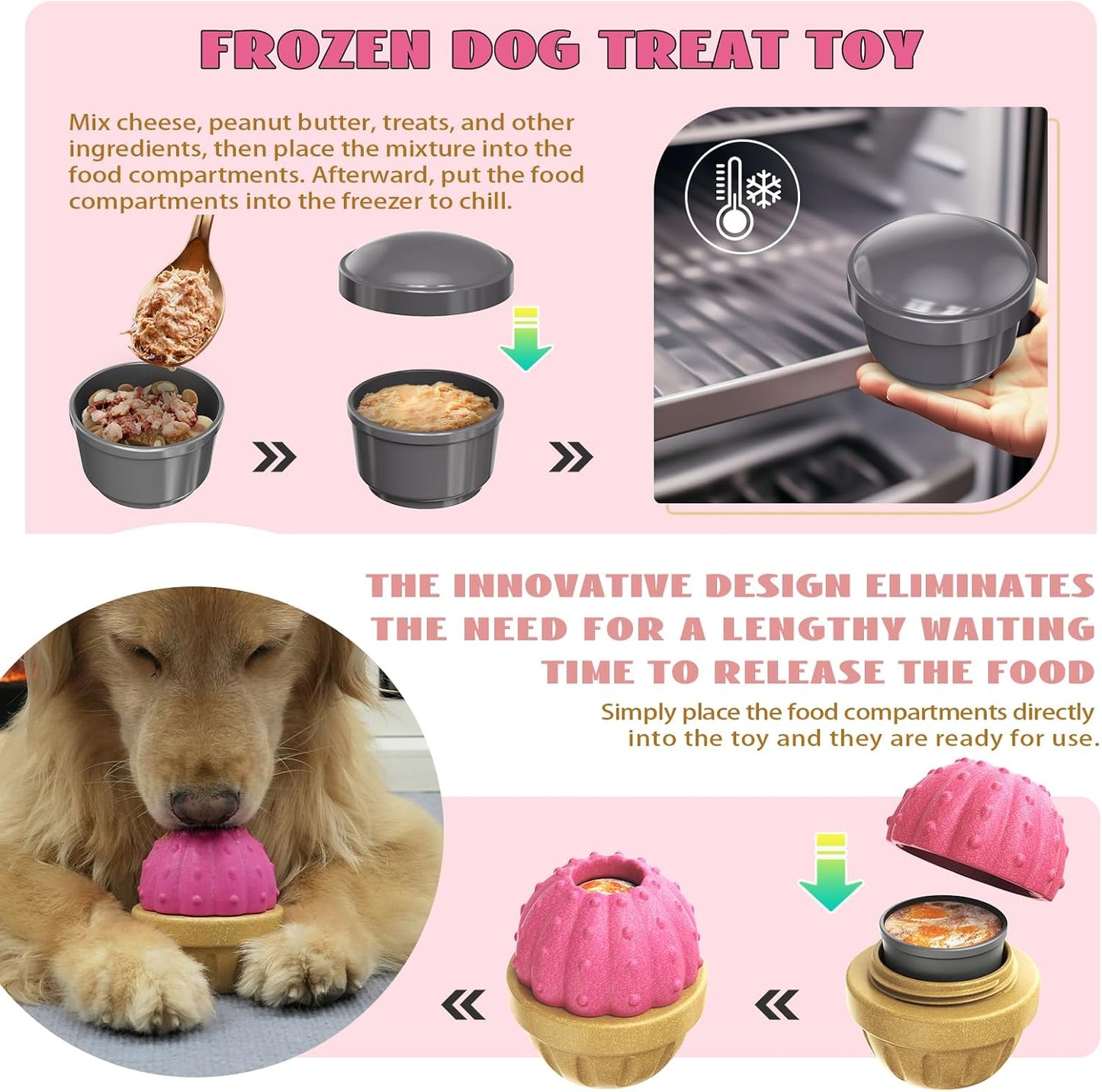 Frozen Treat Dispensing Dog Toy for Aggressive Chewers, Indestructible Chew Toys, Slow Puzzle Feeder for Small Medium Large Breed to Keep Them Busy, Reduces Anxiety, Easy to Clean, Pink