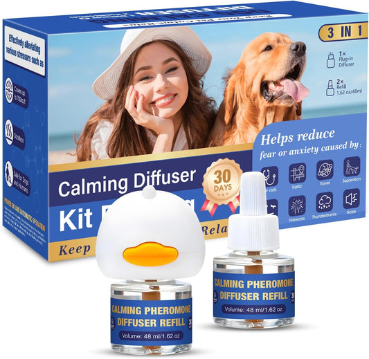 Dog Pheromone Calming Diffuser: Relaxing Pheromone Diffuser for Dogs Relief Stress Anxiety Fighting Scratching Barking, Dog Calming Pheromone Diffuser Kit with 1 Plug in Diffuser+2 Refill 48ml (3in1)