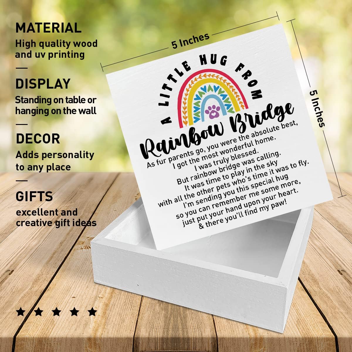 Memorial Gifts for Lose of Dog Cat, Pet Sympathy Gift Remembrance Gifts Loss of Cat Bereavement Gifts, A Little Hug from Rainbow Bridge, Dog Memorial Desk Decor Cat Sympathy Wooden Box Sign