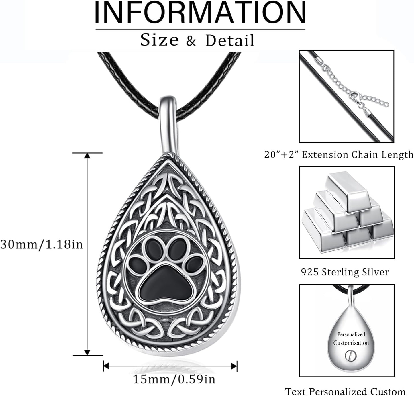 Dreamboat Pet Urn Necklace for Dog Cat Ashes 925 Sterling Silver Paw Print Cremation Keepsake Pendant Celtic Knot Memorial Jewelry Gifts for Women Men