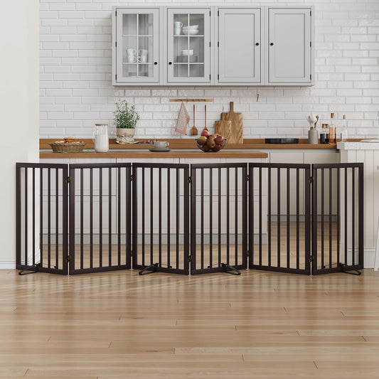 Dog Gate for Doorways 32" Tall Freestanding Dog Gate for Stair Foldable Pet Gate for Dogs Indoor (Brown,6 Panel)