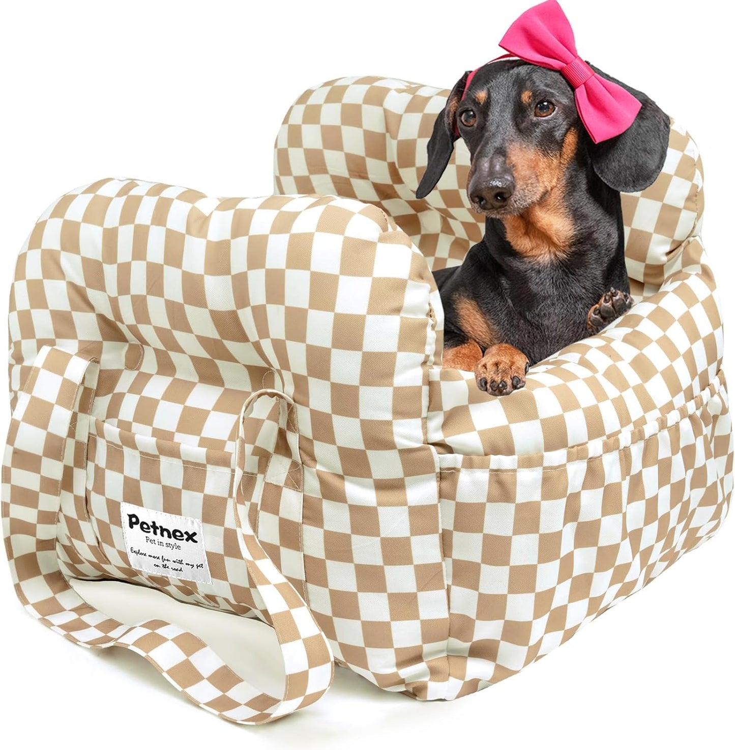 Dog Car Seat for Small Dogs, Portable Puppy Car Seat of Easy Installation, Fashionable Pet Carrier Bag with Large Pockets, Machine Washable Dog Booster Seat (Checkered Khaki)