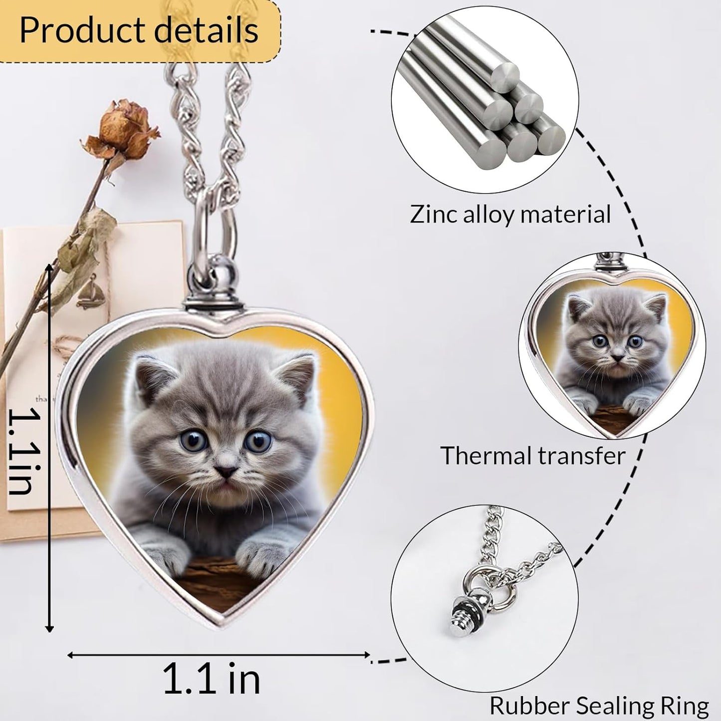 Personalized Pet Urn Necklace for Dog Ashes Custom Engraving Photo Text Pet Cremation Jewelry Customize Memorial Gift for Pet Dog Cat Ashes Necklace (01-Heart)