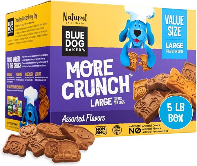 Blue Dog Bakery More Crunch Biscuits Value Box | Large, Bacon, Chicken, Cheese, Peanut Butter | Natural Healthy Dog Treats, 5 Pound Box (Pack of 1)