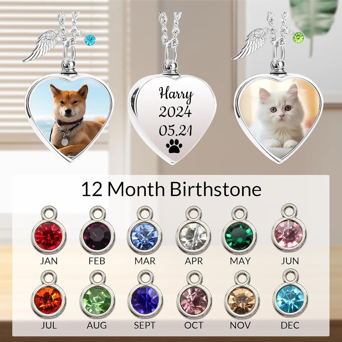 Personalized Pet Ashes Necklace for Dog Cat Custom Engraving Photo Text Urn Keepsake Pendant Necklace Customize Cremation Jewelry with Angel Wing Birthstone for Dog Lover (06)