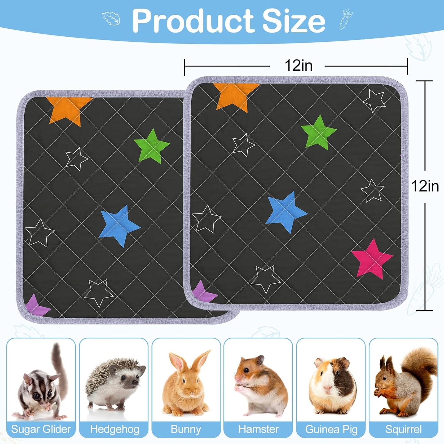 Bienbee Guinea Pig Bedding, 2 Pack 12" x 12" Reusable Guinea Pig Cage Liner Waterproof and Absorbent Small Animal Bedding Washable Guinea Pig Pee Pads for Small Pet Hamster Rabbit Squirrel, Black