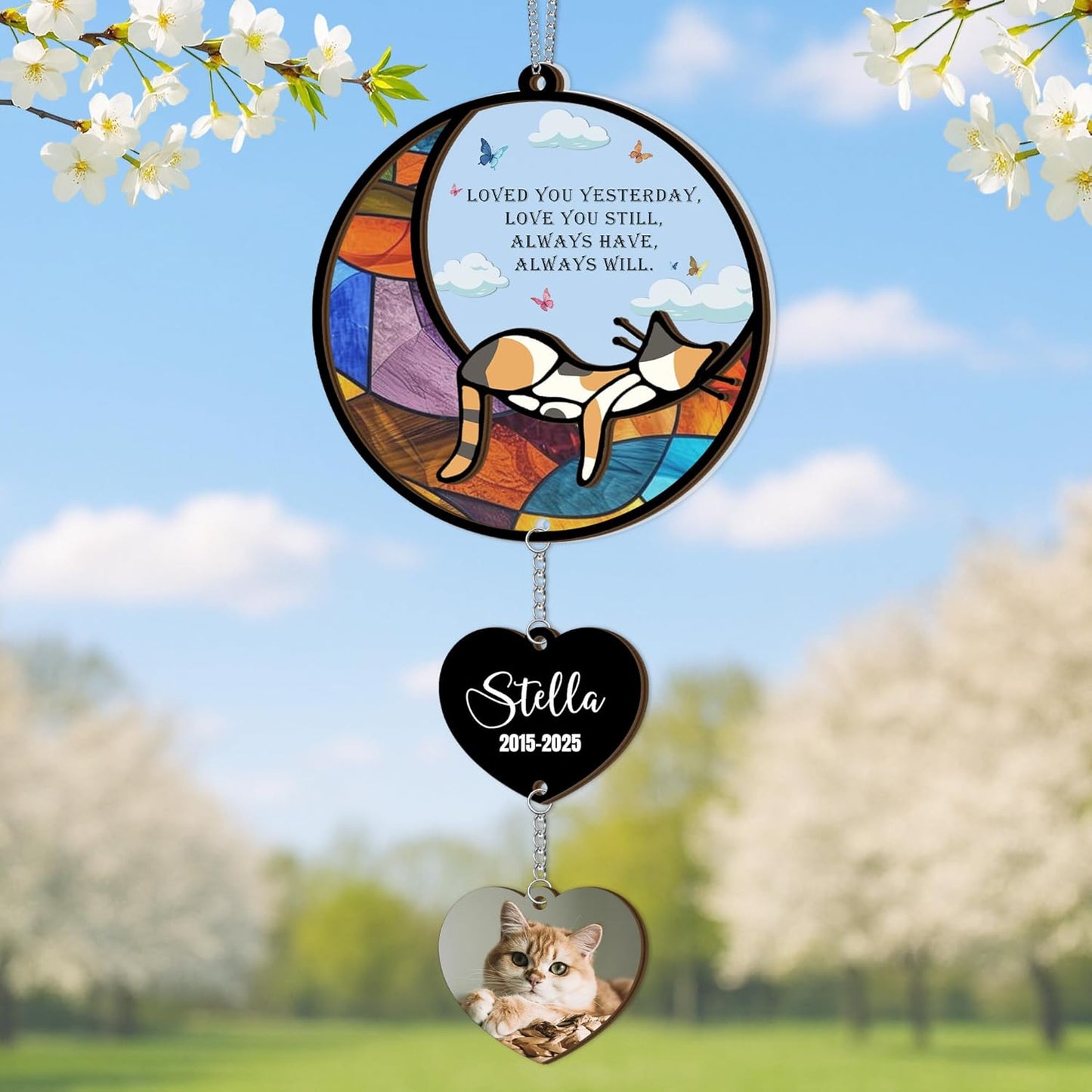 Personalized Stained Glass Sleeping Cat Suncatcher |Cat Loss Sympathy Gift | Customized Pet Memorial Suncatcher with Charms | Custom Pet Memorial Gifts| Best Gifts for Your Beloved Cats Passed Away