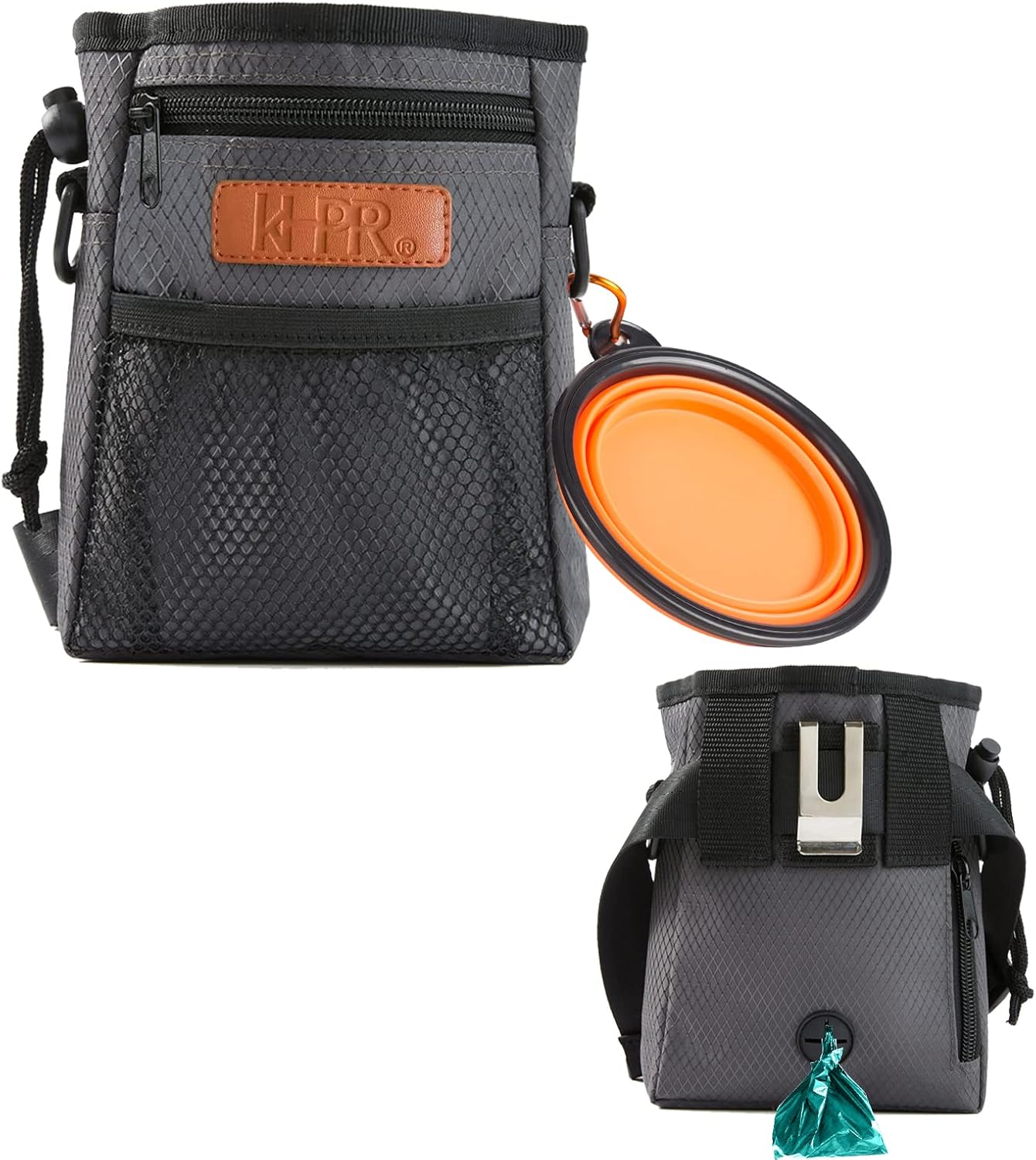 Dog Treat Training Pouch Easily Carries Pet Toys Kibble,Treats Built-in Poop Bag Dispenser 3 Ways to Wear Comes with a Foldable Silicone Bowl(Dark Grey)