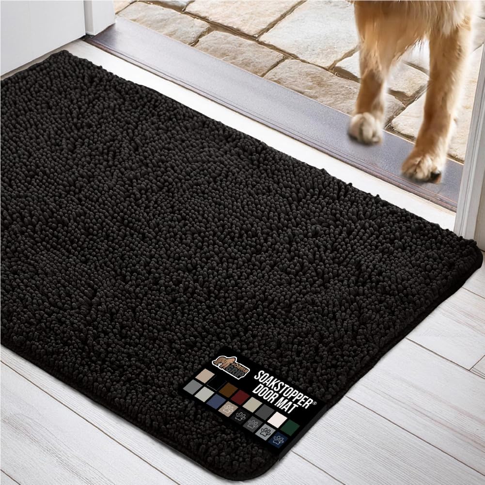 GORILLA GRIP Dog Doormat, Absorbent Doormats for Muddy Dogs Paws, Machine Washable Soakstopper Rugs, Cleaner Floors, US Designed Pet Bed Door Mat, Indoor Entrance Pets Rug, Mats 24x17 Black