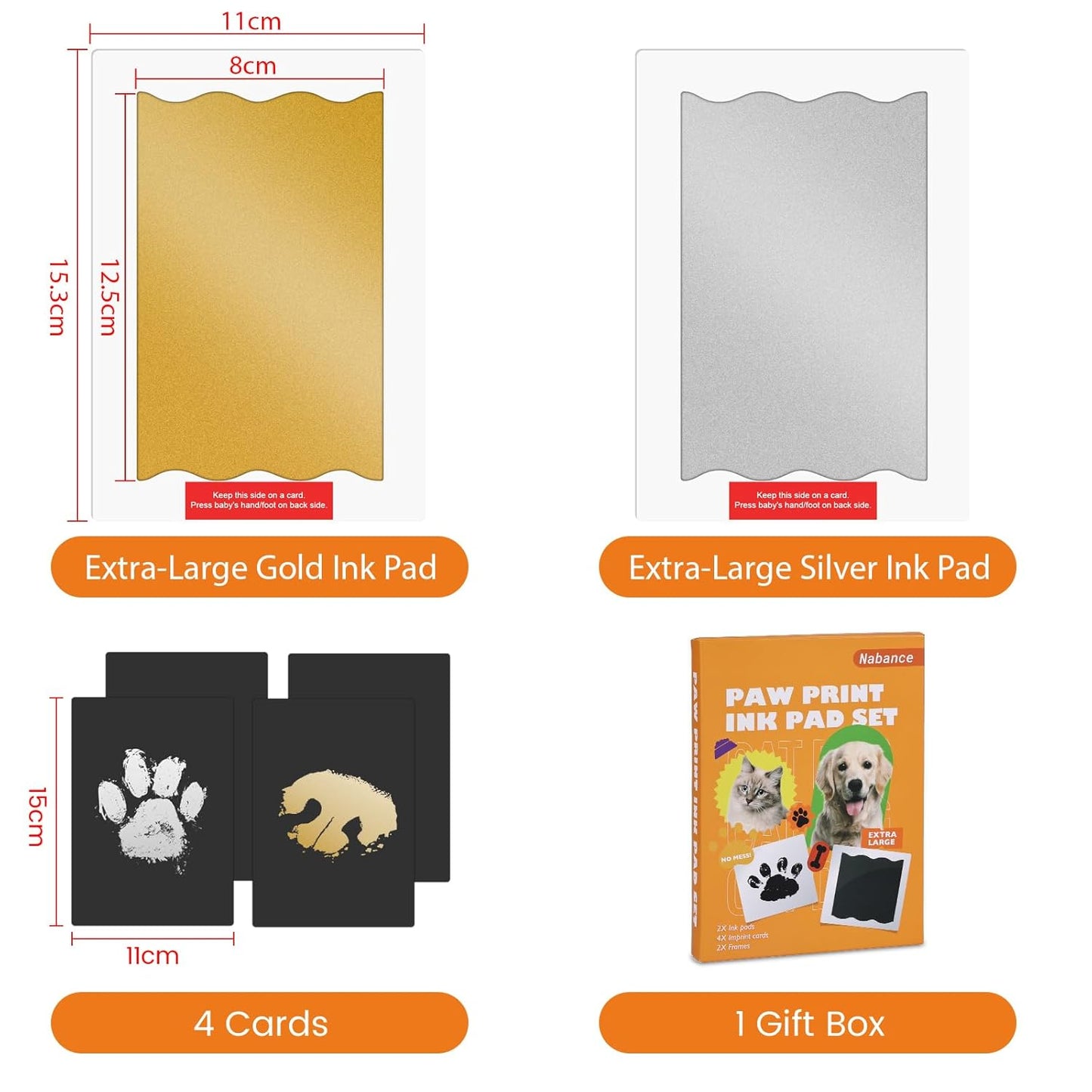 Nabance Baby Footprint Kit, Paw Print Kit, Dog Nose Print Kit, 2 Large Size Gold and Silver Ink Pads with 4 Black Imprint Card, No Mess Paw Print Stamp Pad for Dog & Cats, Nose Print Stamp Pad for Dog