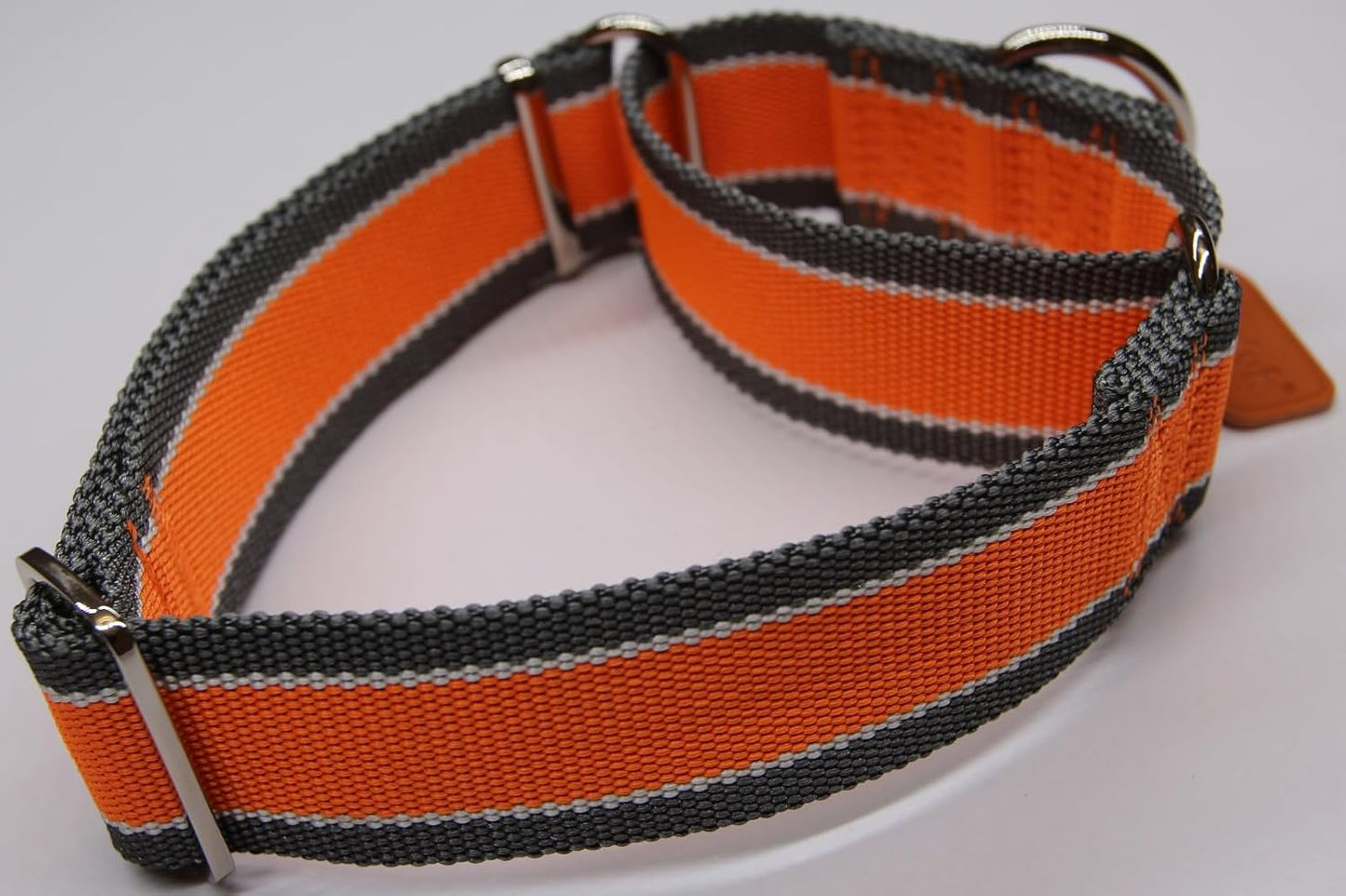 Martingale Collar 1.5 Inch Wide 1600D Extra Strong Anti Escape Nylon Dog Collar, No Pull Heavy Duty Pet Collars with 3-Color Stripe for Medium Dogs (M, Orange & Gray)