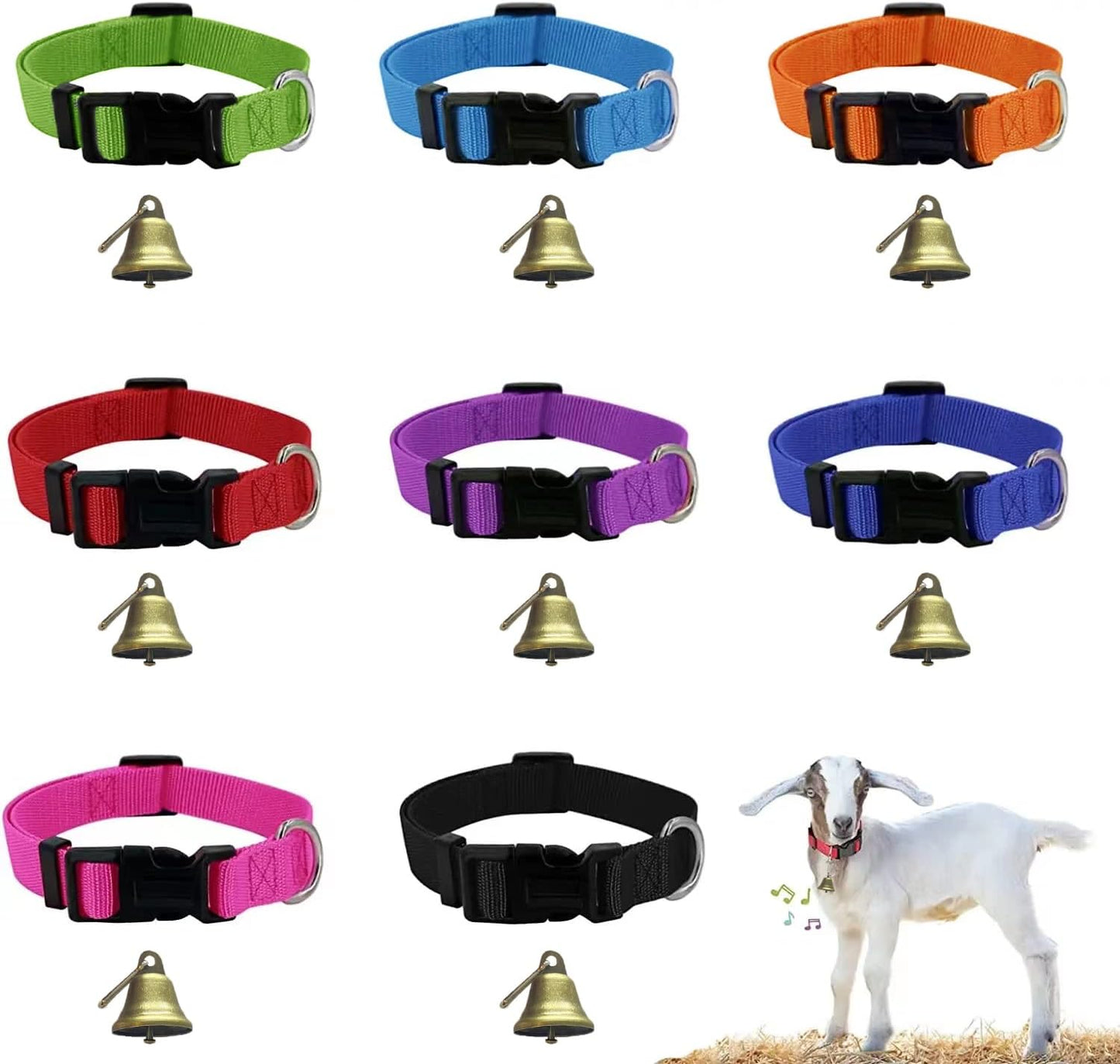 8 Pack Goat Collar with Bell, Sheep Collars with Bell, Grazing Copper Bells and Adjustable Nylon Collar Set for Small Farm Animal Sheep Cow Pet Goat Accessories