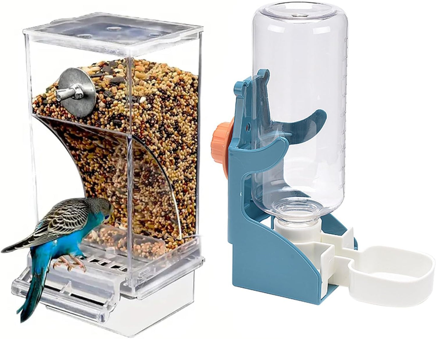 NIENIE No Mess Bird Feeder Water Dispenser Set, Automatic Transparent Parrot Feeder Acrylic Parrot Food Container Drinker, Blue (Pack of 2)