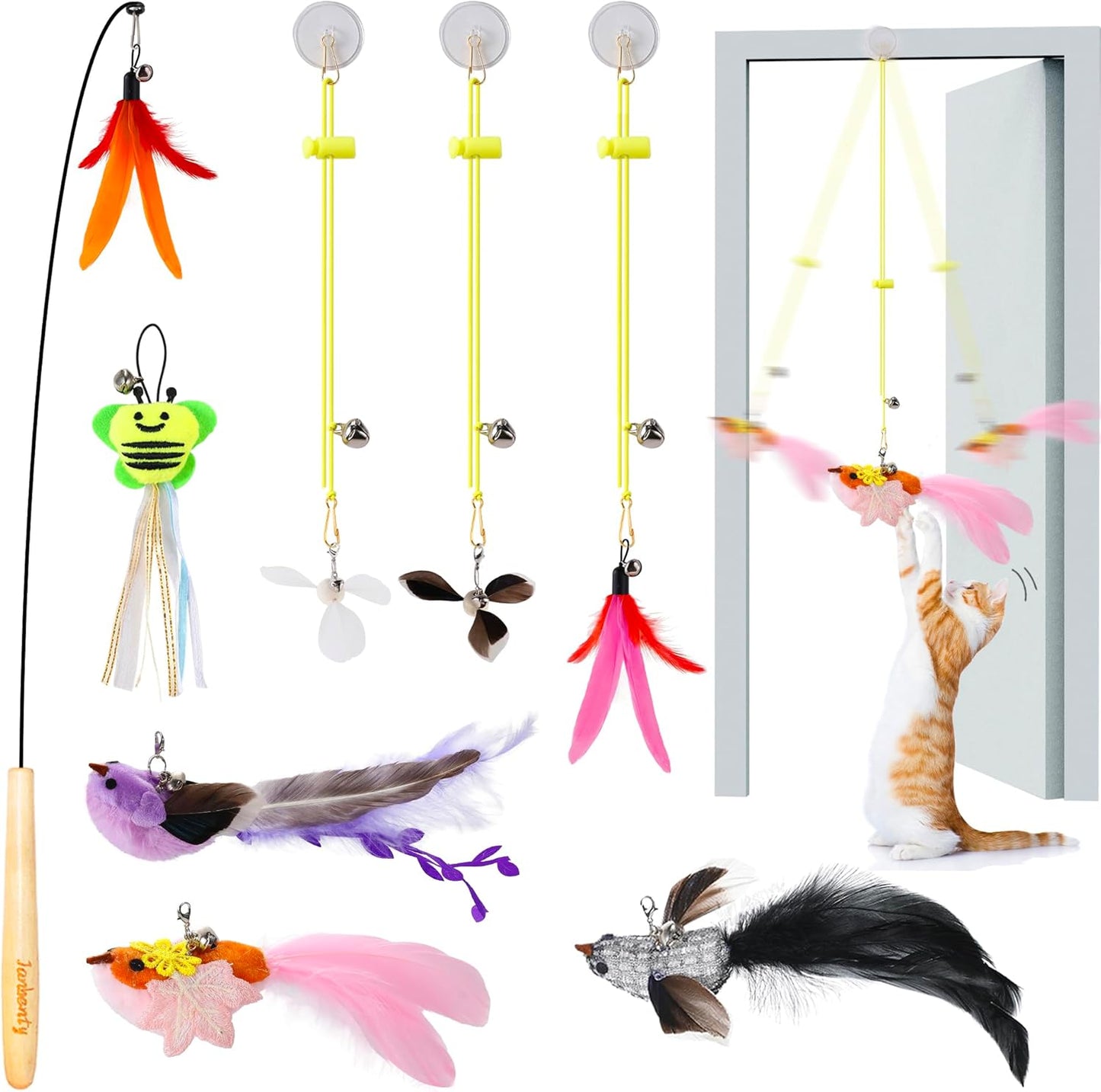 Flying Bird Cat Toy,8Pcs Durable Interactive Cats Wand Replacements,Hanging Cat Toy Suitable for Bored Indoor Cats Self Play