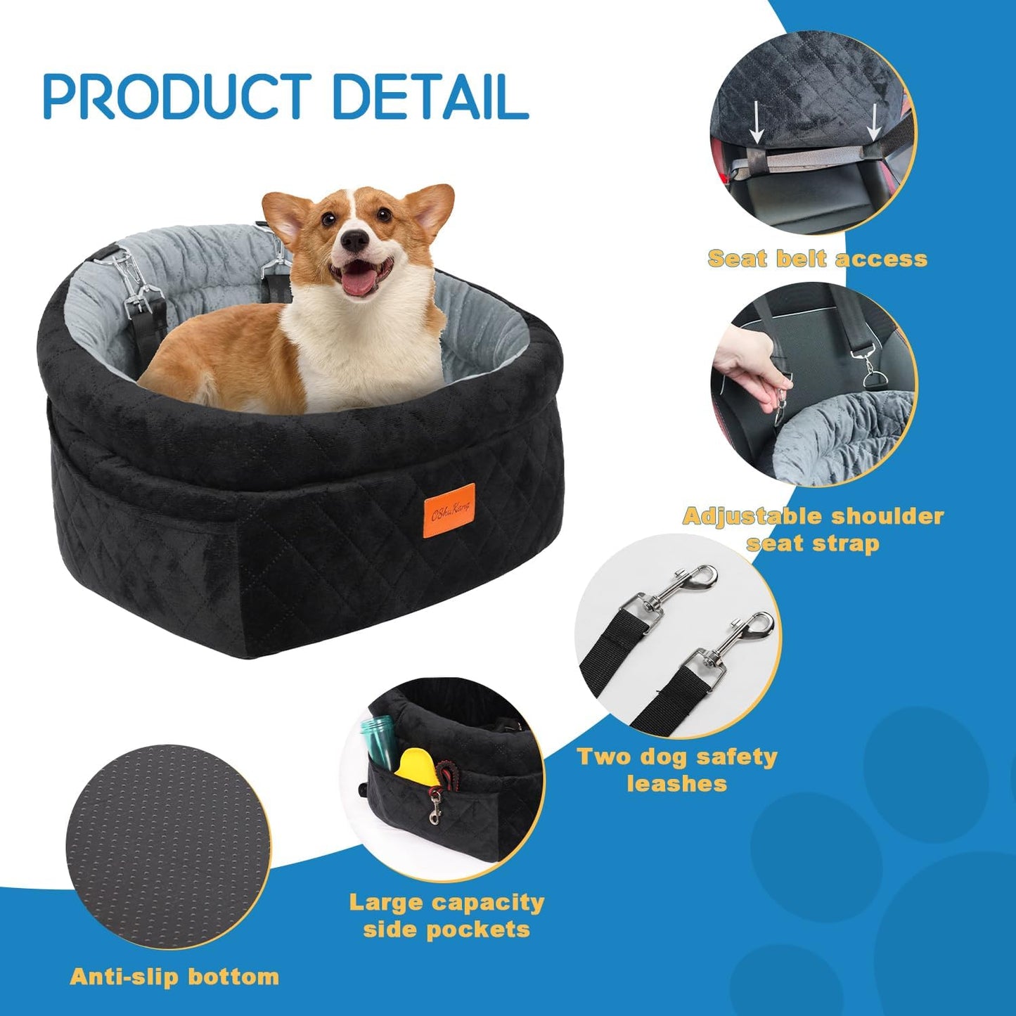 Cozy Dog Car Seat for Small Dogs Up to 30lbs, Elevated Memory Foam Booster Seat, Pet Travel Bed with Washable Removable Cover & Storage Pockets (Black&Brown)