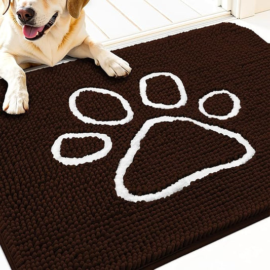 OLANLY Door Mat for Muddy Dog Paws 30x20, Ultra Absorbent Chenille Mud Doormat with Paw Print Design, Non-Slip Washable Doormat for Indoor Entryway, Quick-Dry Pet Bed Mats for Dirty Dogs, Brown