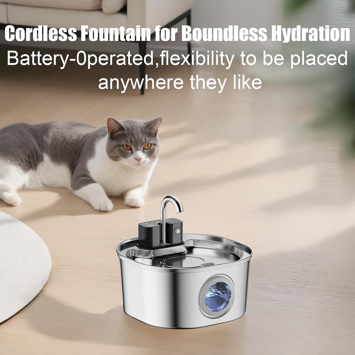 Voluas Wireless Cat Water Fountain Stainless Steel, 108oz/3.2L Battery Operated Cat Water Fountain,Automatic Cat Waterer Fountain with Motion Sensor, Ultra Quiet Pump- Cordless Pet Water Fountain