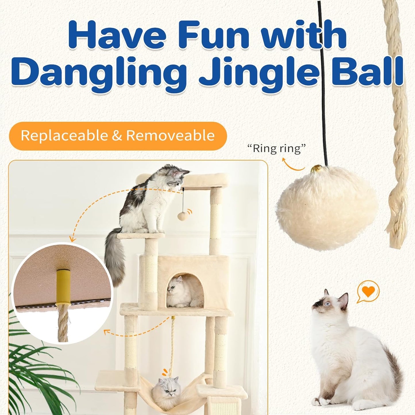 Cat Tree Tower 63in Multi-Level Cat Tower for Indoor Cats with Sisal Scratching Posts, Condo, Hammock, Dangling Ball and Extended Platform for Cats to Play, Beige