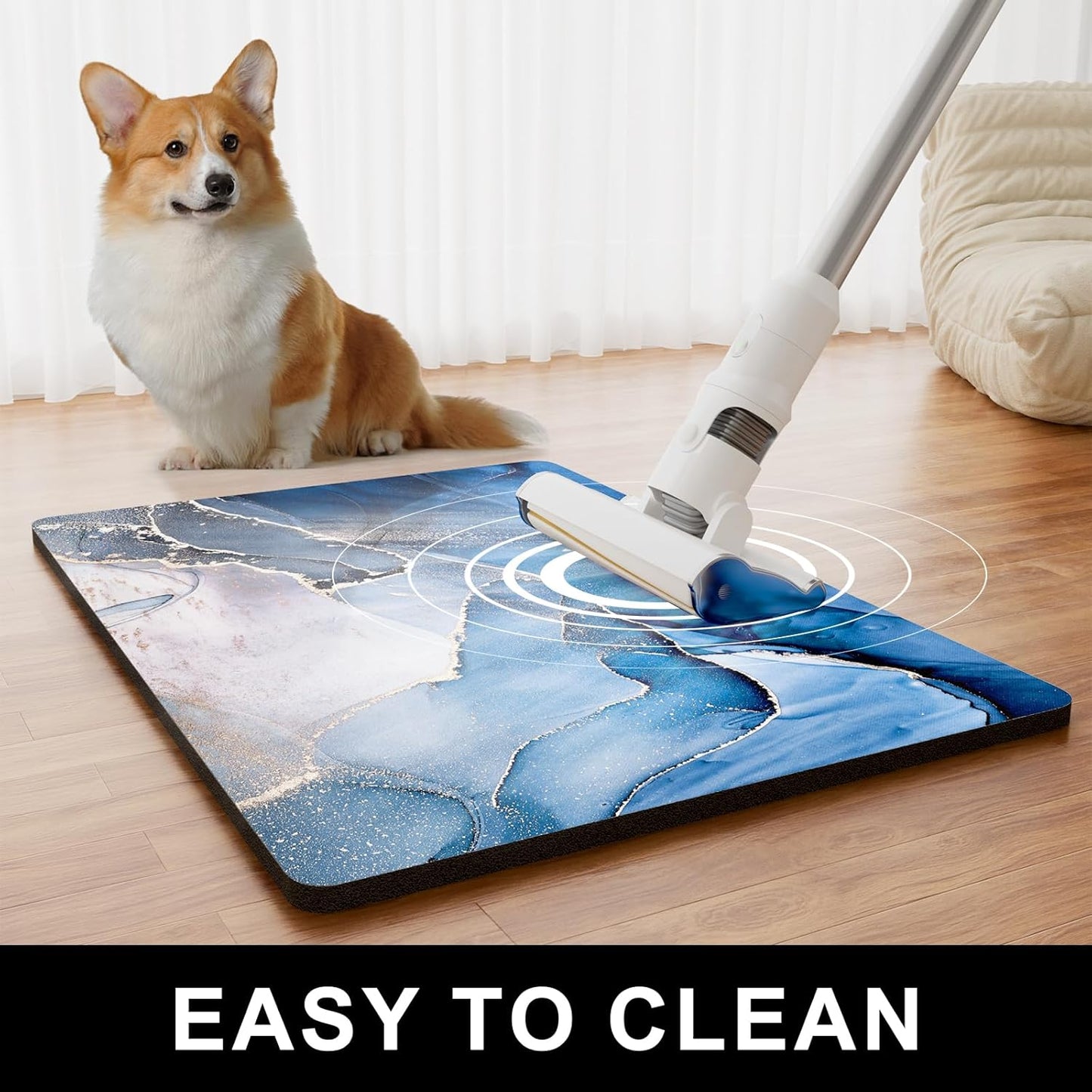 Dog Food Mat, 16" x 24" Marble Absorbent Dog Cat Bowl Mat for Food and Water, Cute Anti-Slip Rubber Pet Feeding Rug Protect Floors, Placemat for Feeding & Watering Supplies, Navy