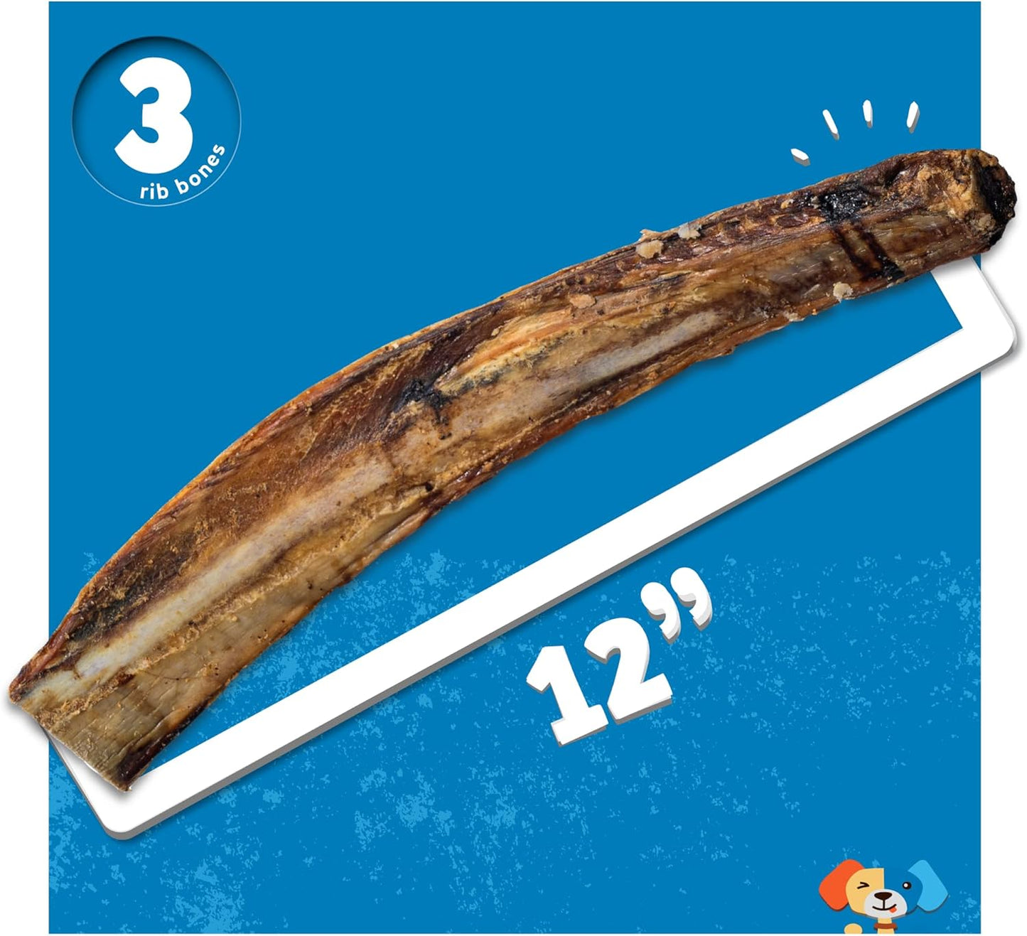 Jack&Pup 12" Rib Bones for Dogs, All Natural Dog Beef Bones, Single Ingredient Bone Marrow, Real Bone for Dogs (3 Pack)