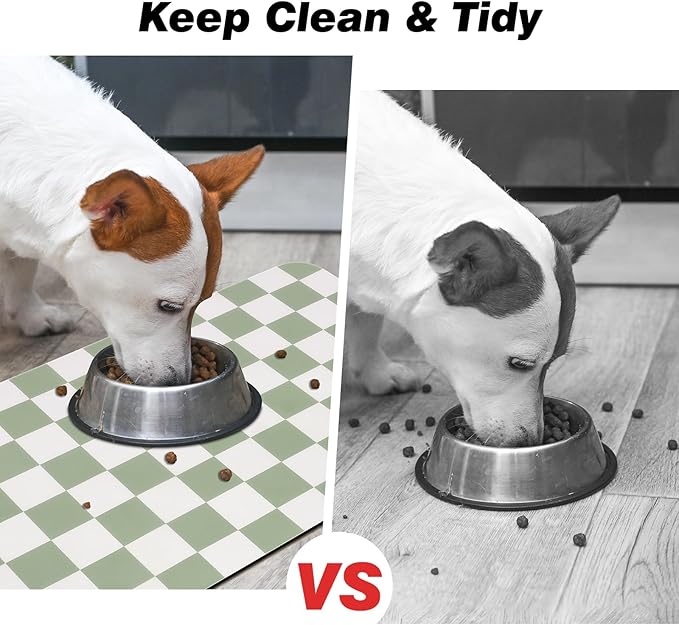 Checkered Pet Feeding Mat, Absorbent Dog Mat for Food and Water Bowls Dispenser 16" x 24" Green