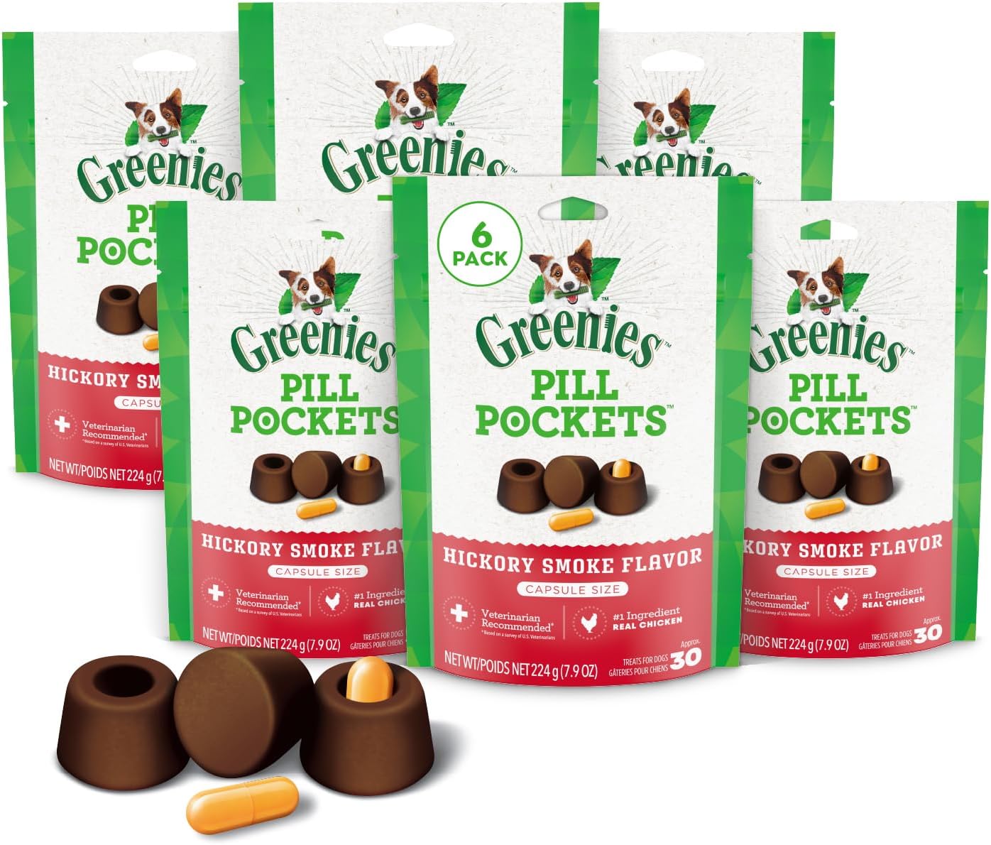 Greenies Pill Pockets for Dogs Large Size, Soft Dog Treats, Hickory Smoke Flavor, (6) 7.9 oz. Pouches (180 Treats Total)