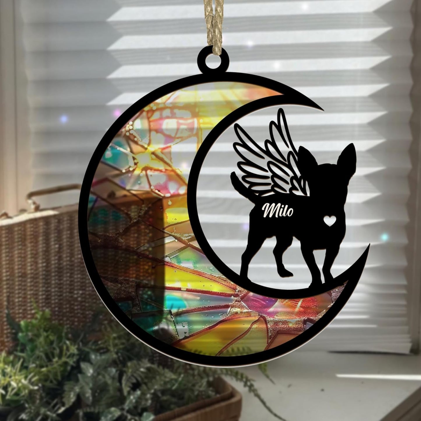 Personalized Pet Memorial Suncatcher – Angel Wing Crescent Moon Ornament with Name – Rainbow Stained Glass Effect Sun Catcher for Dog, Cat, Ferret & More – Custom Pet Loss Tribute for Window or Tree