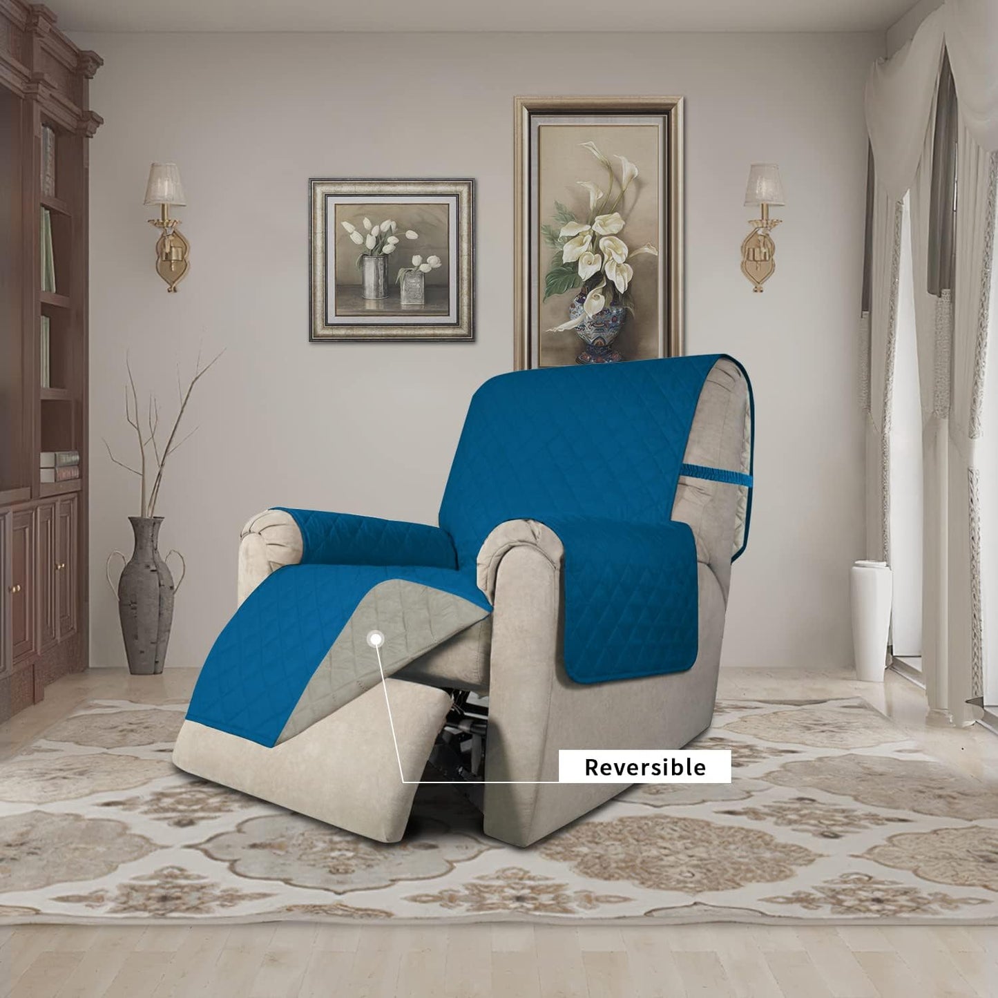 Easy-Going Recliner Chair Slipcover Reversible Sofa Cover Water Resistant Couch Cover Furniture Protector with Elastic Straps for Pets Dog (Recliner 22 inch, Peacock Blue/Beige)