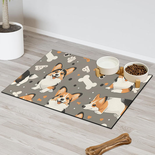 Corgi Dog Cat Food Mat,12"x20" Inches Rapid Absorbent Pet Feeding Mat,Pets Placemat Water Bowl Mats with Rubber Backing,No Stains Cat Dog Feeding Mats Indoor,Pet Accessories Supplies