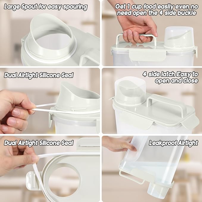 5Lbs Dog Cat Storage Container Portable with Upgraded Large Spout and Cup, Plastic Pet Food Dispenser for Small Animal Kibble, Bird Seed, Oatmeal, Rice, Flour, Brown Sugart -Elegant White