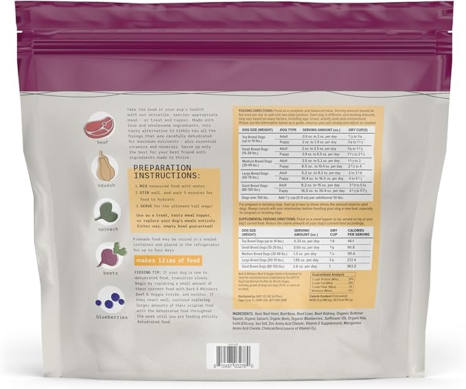 Bark & Whiskers Dehydrated Beef and Veggie Entrée, 3 lb., Makes 12 lbs. of Food for Dogs, Digestive Support, Vet Formulated, Non-GMO, Dr. Mercola