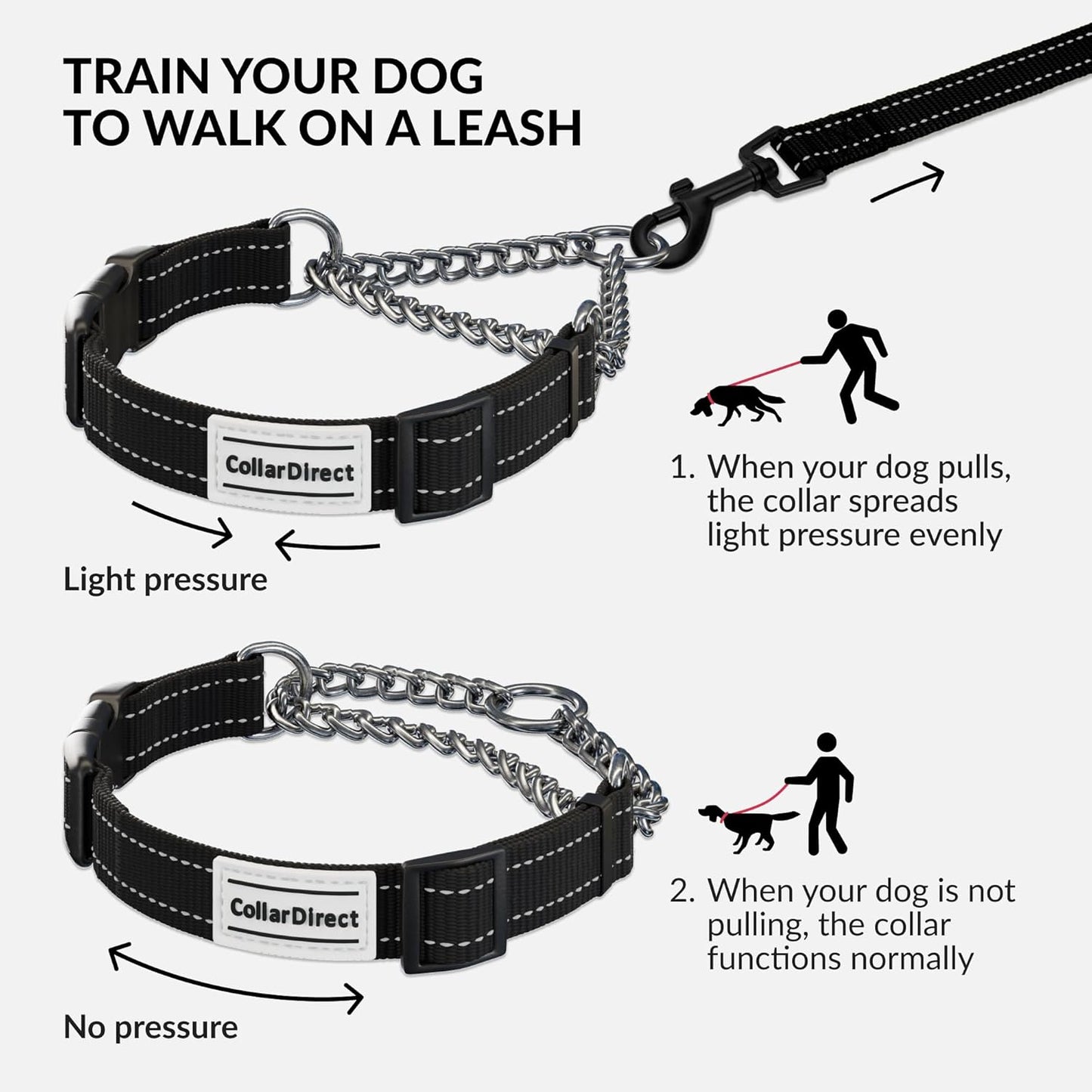 CollarDirect Martingale Dog Collar with Stainless Steel Chain and Quick Release Buckle - Reflective Collar for Large, Medium, Small Dogs - Black, Large (Neck Size 17"-22")