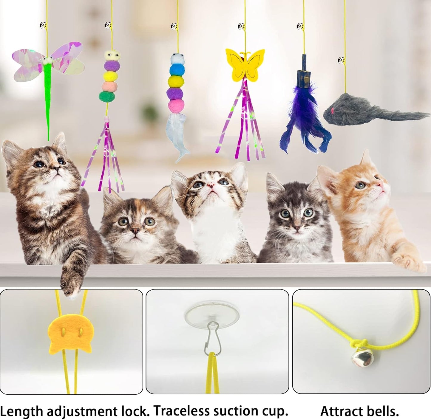 Cat Toys Indoor Hanging Door Retractable Bird Cat Toy for Kitten Fun Exercise Interactive String Feather Cat Toys for Hunting Chase (6 Pack)