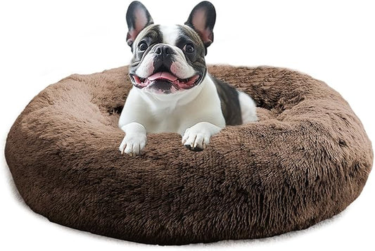 JOLLYVOGUE Calming Dog & Cat Bed for Small Dogs, Anti-Anxiety Donut Cuddler Cozy Soft Round Bed with Anti-Slip Bottom, Fluffy Faux Fur Plush Cushion Beds for Small Medium Dogs (20")