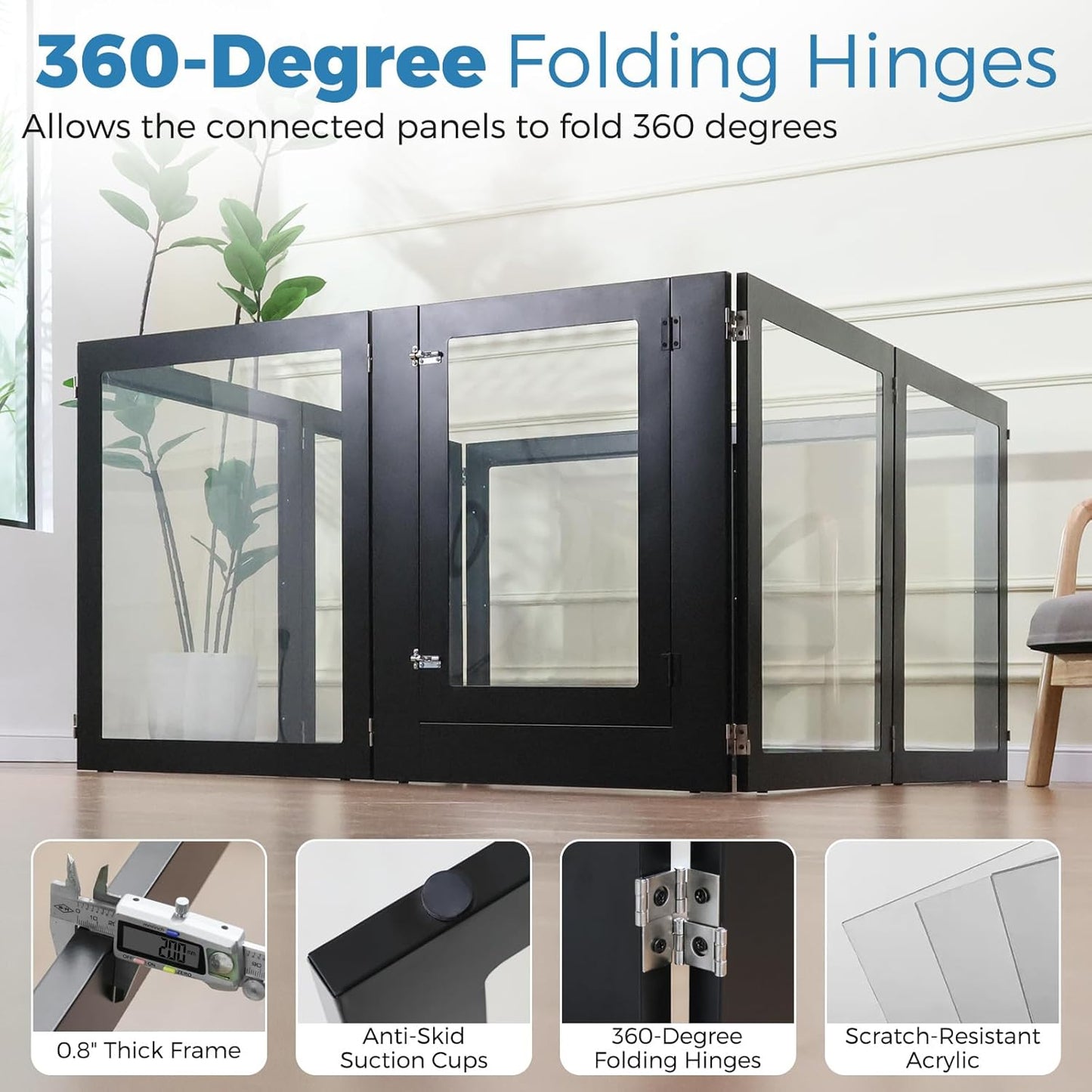 Heavy Duty Clear Acrylic Dog Playpen, Transparent Pet Pen, Metal Frame Easy Assemble Kennel Enclosure, Ideal for Small to Medium Dogs, Cats, and Other Small Pets (Black, 6 Panels with Door)