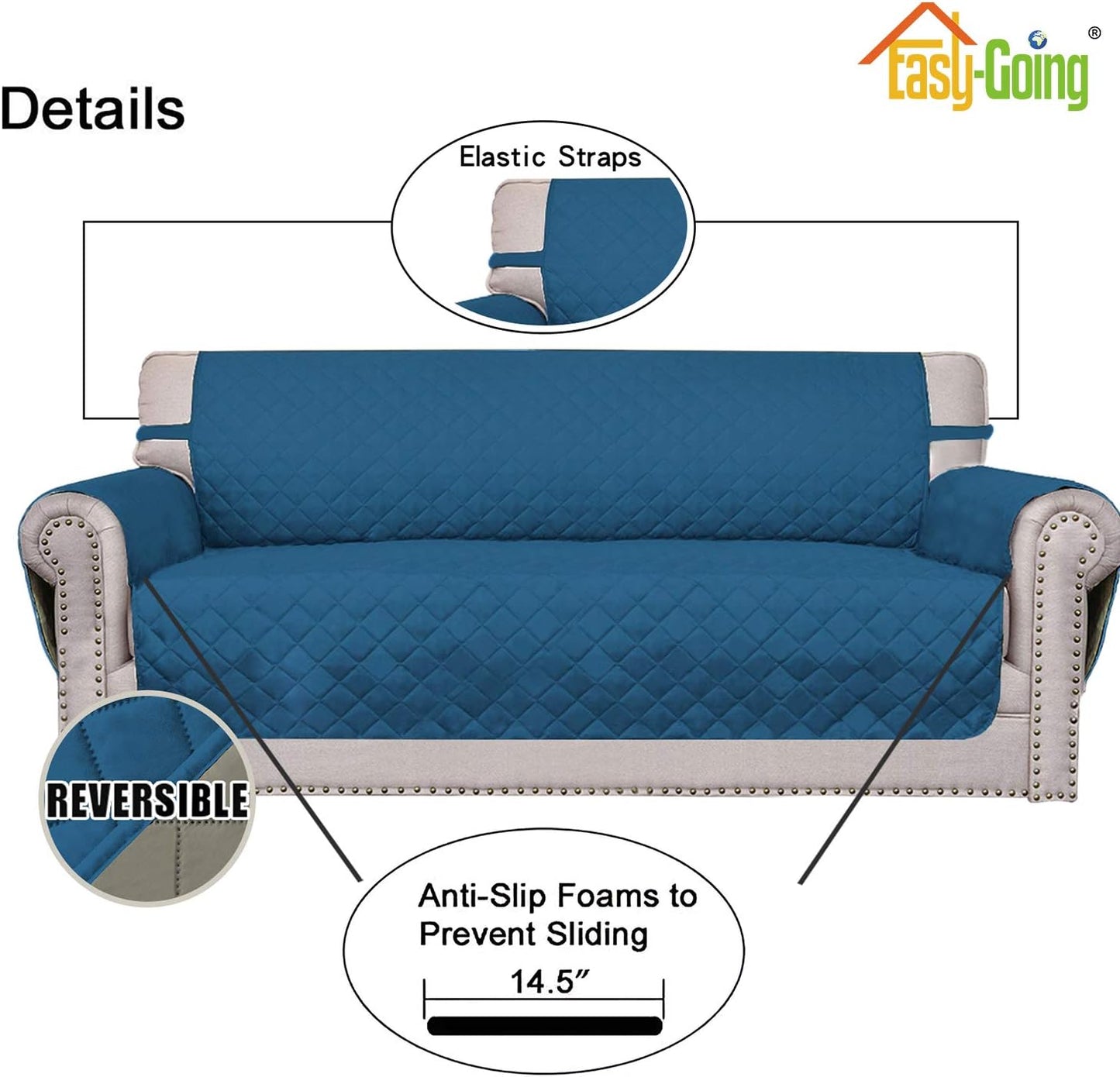 Easy-Going Reversible Loveseat Couch Cover for 2 Cushion Couch Sofa Cover for Dogs Water Resistant Furniture Protector with Foam Sticks Elastic Straps for Pet (Loveseat, PeacockBlue/Beige)