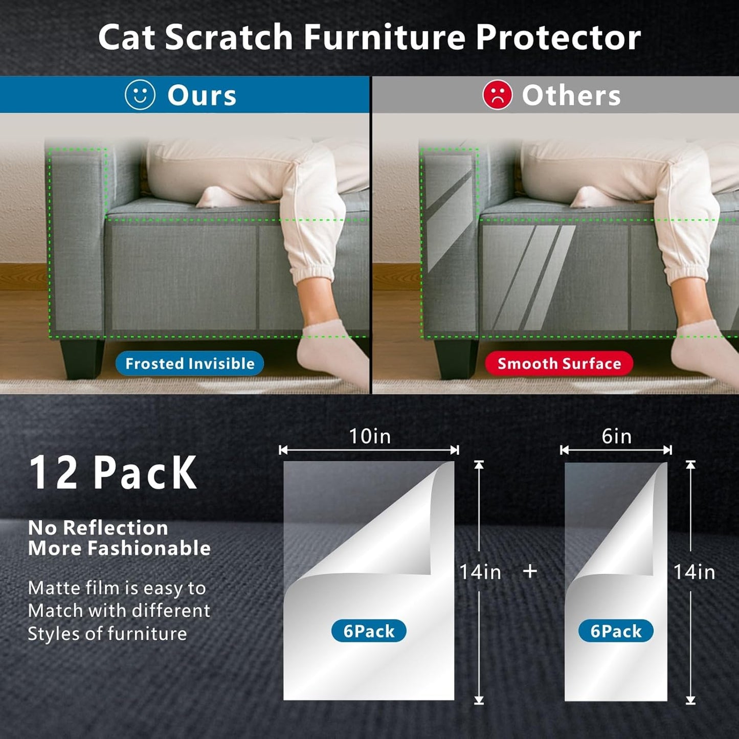 Cat Scratch Furniture Protector 12-Pack – Clear Self-Adhesive Couch Guards – Anti-Scratch Deterrent for Sofa and Upholstery（6+6=12）