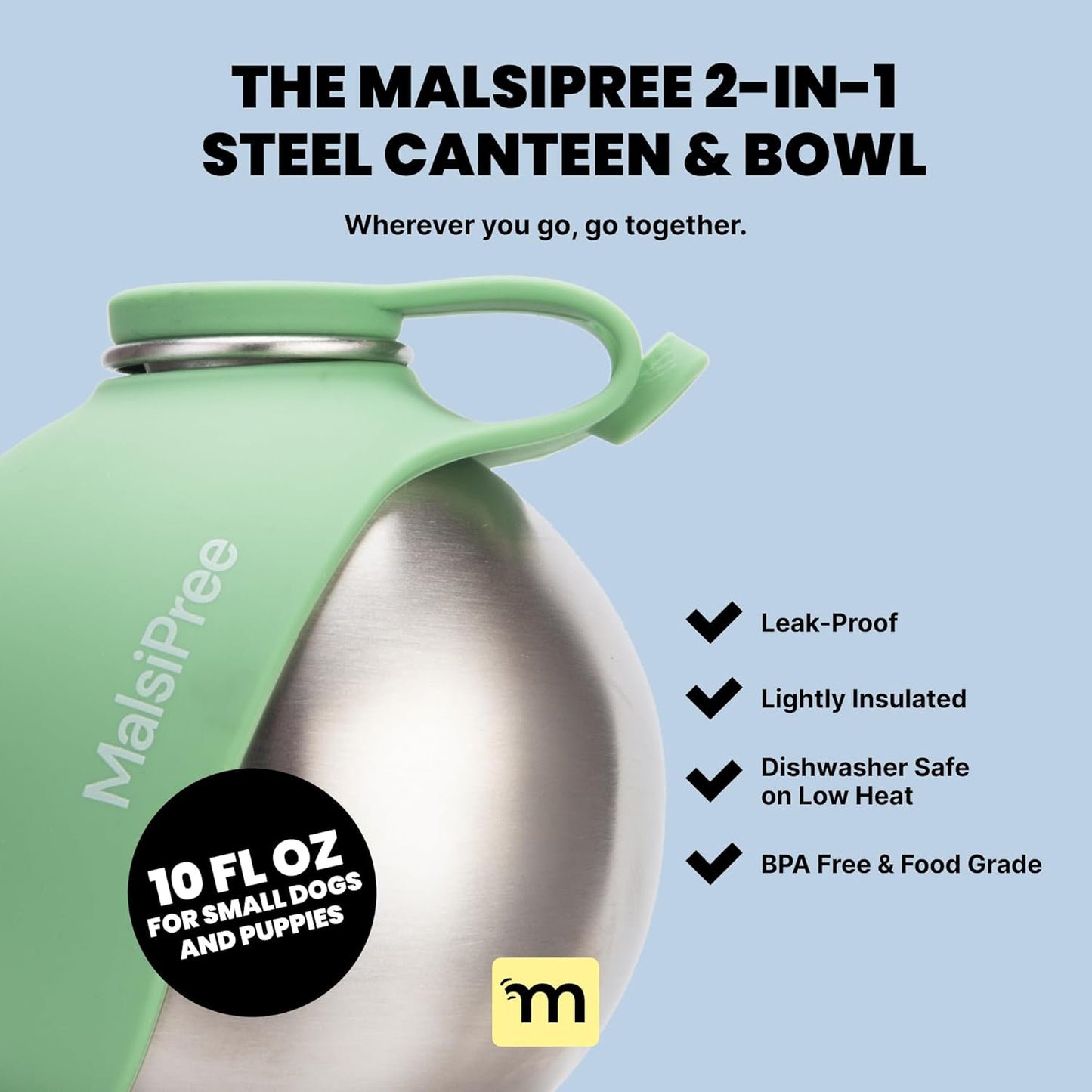 Malsipree 2-in-1 Portable Dog Water Bottle & Bowl for Small Dogs - Leak Proof & Insulating - Travel Water Dispenser - Stainless Steel Bottle & Silicone Bowl - Walking & Hiking (10 fl oz, Sage)