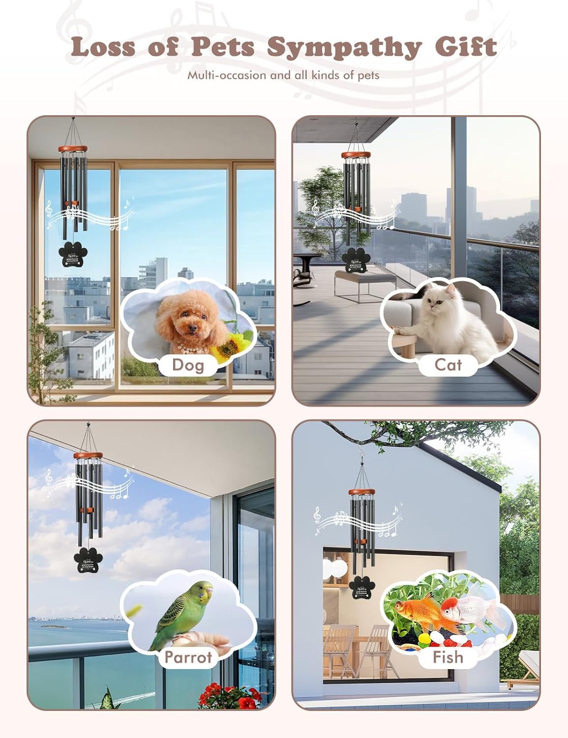 Dog Memorial Gifts for Loss of Dog, 26" Metal Pet Memorial Wind Chimes, Pet Memorial Gifts for Dogs and Cats, Loss of Dog Sympathy Gift, Pet Bereavement Remembrance Gift Dog with Poem Card for Cat