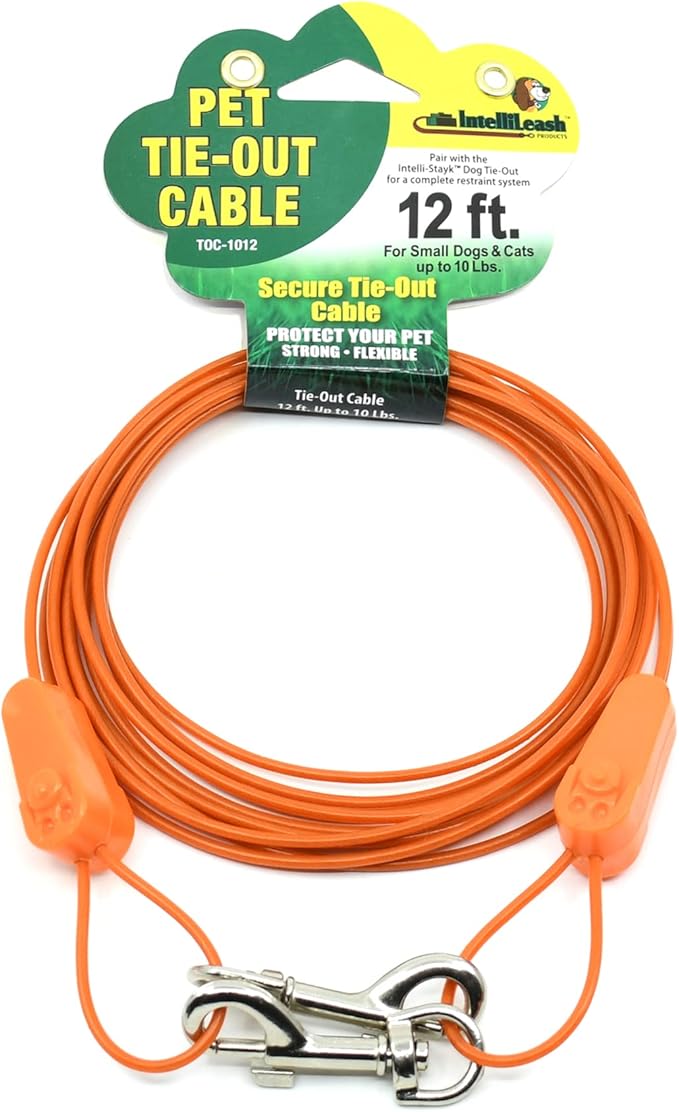 IntelliLeash12FT Tie-Out Cables for Dogs - Strong, Safe, and Durable Dog Tie-Outs for Small Dogs up to 10 Pounds - Weather and Wear Resistant Galvanized Aircraft Cable for Outside Use
