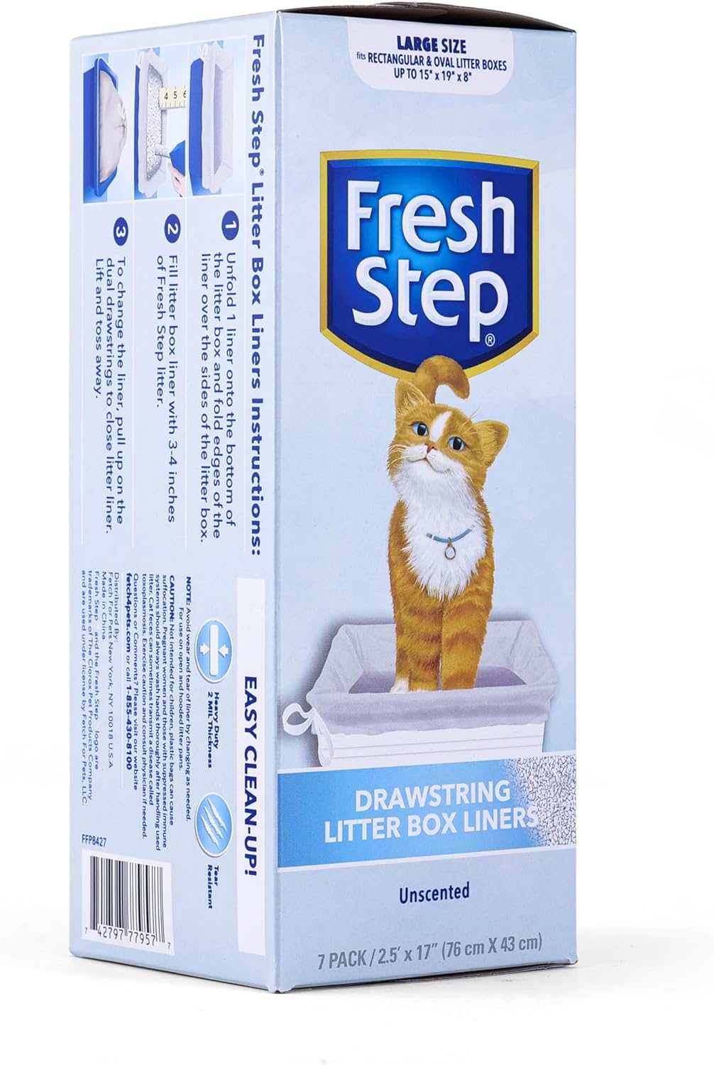 Fresh Step Drawstring Cat Litter Box Liners, Unscented - Kitty Litter Bags for Rectangle or Oval Large Litterboxes, Size Large, 30" x 17" - 7 Count