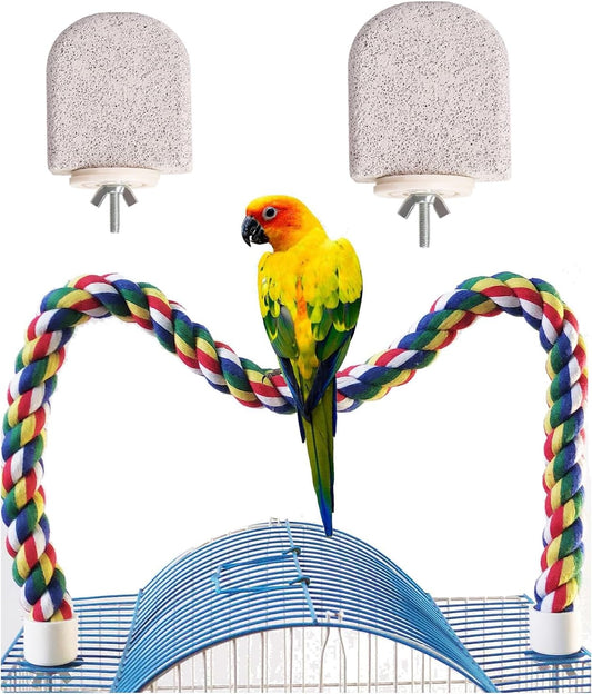 24-Inch Bird Rope Perch with 2 Volcanic Stone Bird Stands - Natural Calcium Supplement & Beak/Nail Grooming for Parrots Suitable for Small and Medium-Sized Birds (24‘’and Volcanic Rock)
