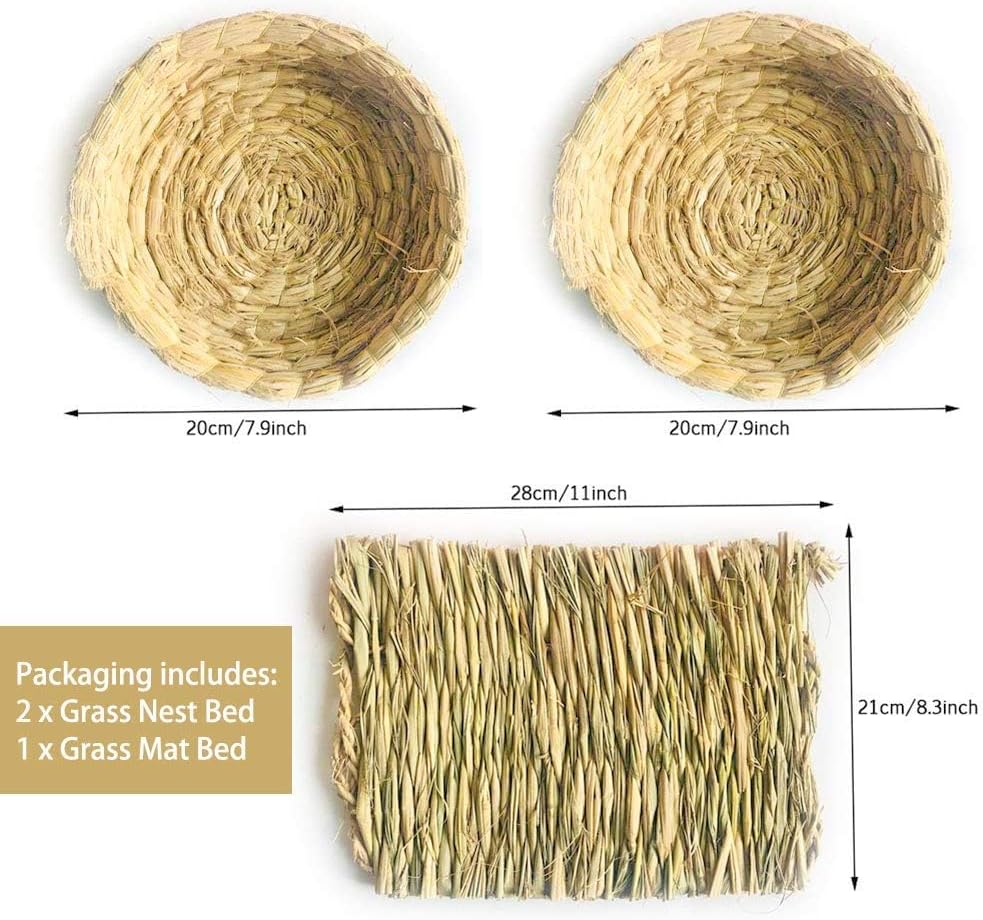 Bunny Grass Bed Guinea Pig Straw House Nest Hay Mats Grass Basket Hatch Chew Toy for Dwarf Rabbit Chinchillas Hamster Fancy Rat Pigeon Parrot 3 Pcs