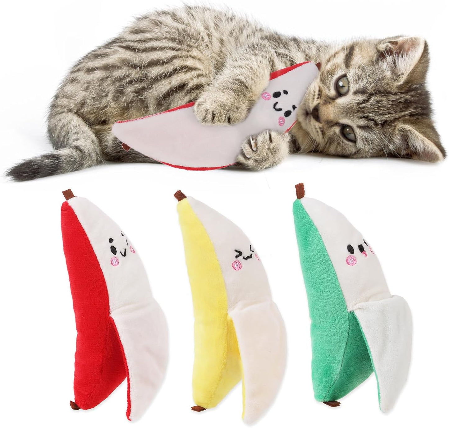 KOOLTAIL Cat Catnip Toys Banana, 3 Pack Expression Durable Soft Kicker Toy Filled with Natural Catnip Cotton, Self Play Interactive Bite Resistant Chew Teeth Cleaning Gift for Indoor Most Cats Kitten