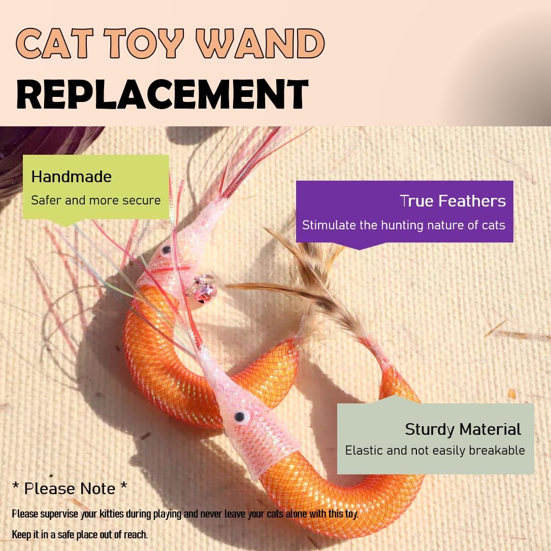 Cat Insect Feather Toys Replacement - 2 Pcs Handmade Natural Shrimps - Cat Toy Wand Refills - Interactive Kitten Teaser Wand Attachments - Kitty Toys for Indoor Cats Play
