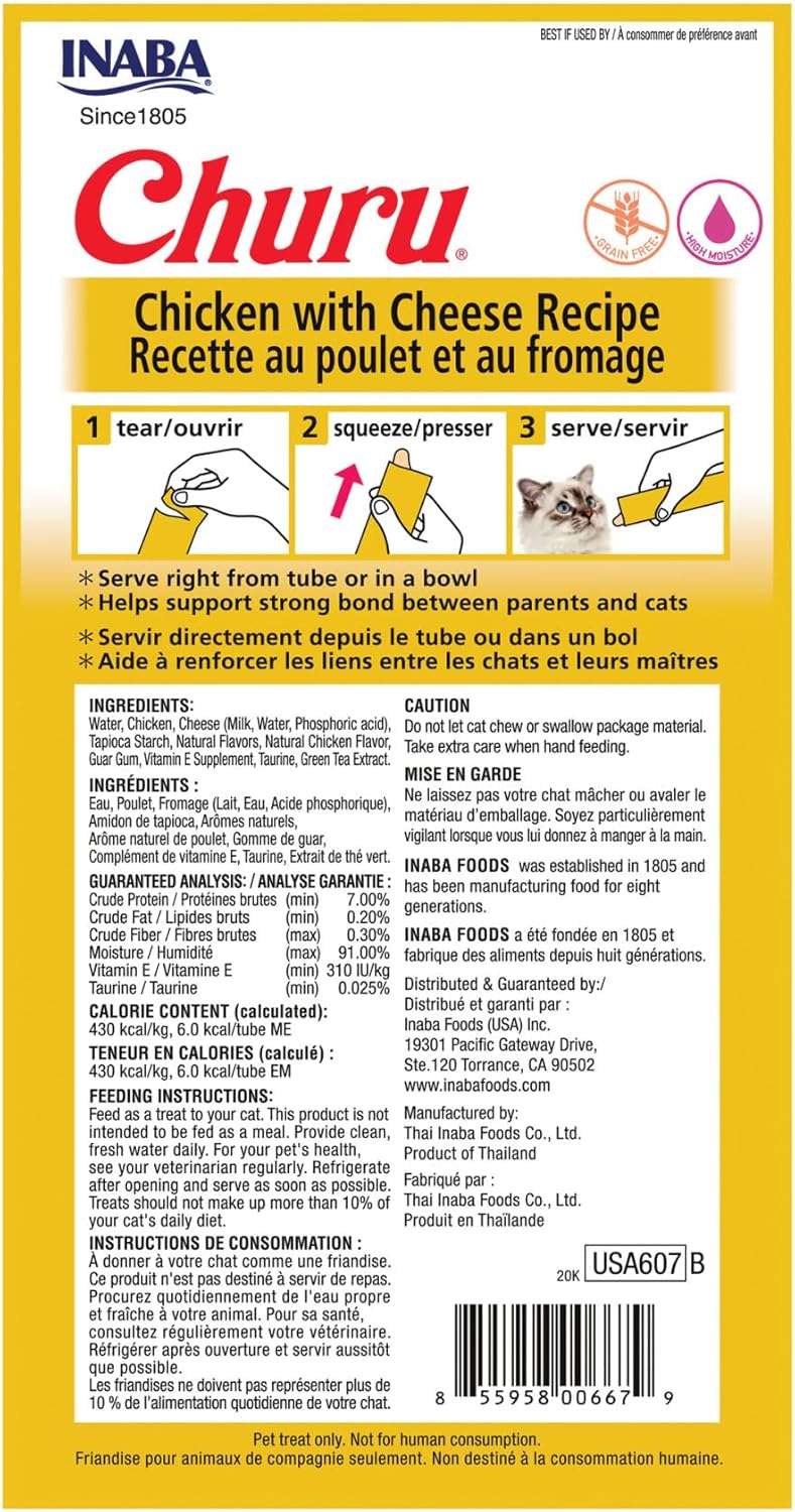 INABA Churu Cat Treats, Grain-Free, Lickable, Squeezable Creamy Purée Cat Treat/Topper with Vitamin E & Taurine, 0.5 Ounces Each Tube, 24 Tubes (4 per Pack), Chicken with Cheese Recipe