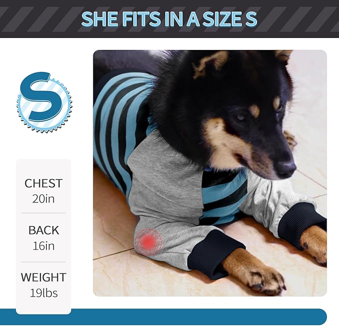 FUAMEY Dog Recovery Sleeve with Elbow Protector,Dogs Shirt Stop Licking Joints,Pet Long Sleeve Suit Protecting Dog's Front Leg Arm Wounds Cover Skin Conditions Blue Stripe XL